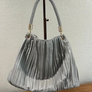 Braided Handle Pleated Shoulder Bag in Light Gray